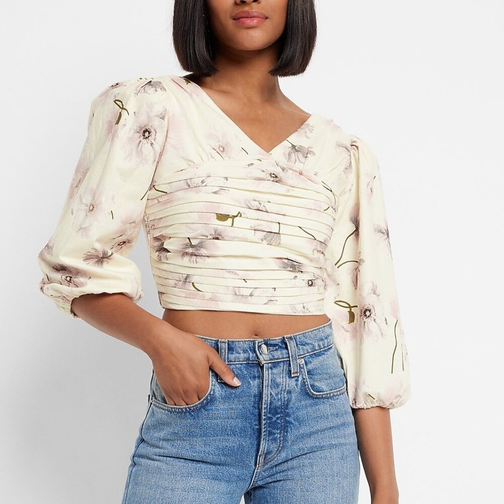 EXPRESS Poppies Print Linen-Blend Ruched Cropped Top Size XS